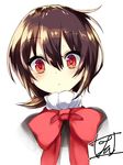  bangs blush bow bowtie brown_hair closed_mouth commentary_request eyebrows_visible_through_hair face hair_between_eyes houjuu_nue looking_at_viewer portrait red_bow red_eyes red_neckwear short_hair signature simple_background solo tirotata touhou white_background 