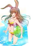  animal_ears ball beachball bikini breasts brown_eyes brown_hair bunny_ears bunny_girl cleavage commentary iesupa lace lace-trimmed_bikini long_hair medium_breasts navel rwby smile solo swimsuit transparent velvet_scarlatina wading water 