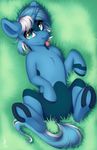  blue_eyes blue_fur blue_hair day equine eyelashes fan_character featureless_crotch feral fur grass hair horn lying mammal my_little_pony outside silentwulv smile solo tongue underhoof unicorn 