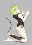  :3 ahoge ass ass_tattoo balancing bangs bare_arms bare_shoulders barefoot black_leotard bow_(weapon) closed_mouth commentary_request eyebrows_visible_through_hair feet from_side full_body green_eyes green_hair grey_background highres hood hood_down hooded_leotard kneehighs kneeling kneepits legs leotard looking_at_viewer looking_to_the_side motion_lines original oshin0_(zheng) pose short_hair simple_background single_kneehigh smile solo tattoo toeless_legwear toes twitter_username weapon 