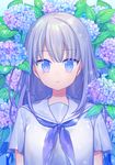  arms_at_sides bangs blue_eyes blue_flower blue_neckwear closed_mouth commentary_request eyebrows_visible_through_hair floral_background flower hydrangea karokuchitose long_hair looking_at_viewer neckerchief original school_uniform serafuku short_sleeves silver_hair solo tears upper_body 
