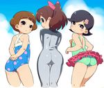  3girls :/ :o arms_behind_back ass back bangs blunt_bangs blush bodysuit bow brown_hair casual_one-piece_swimsuit child cowboy_shot cropped_legs female flat_ass flat_chest flipped_hair flower from_behind hair_bow hair_flower hair_ornament hands_together hayashi_satoko high_ponytail holding_arm kodama_fumika layered_skirt long_hair looking_at_viewer looking_back multiple_girls om_(nk2007) one-piece_swimsuit open_mouth polka_dot polka_dot_swimsuit profile short_hair simple_background standing suzuki_chiyo swept_bangs swimsuit tamani_mikakeru_boshi_no_anoko thigh_gap twisted_neck wetsuit youkai_watch 