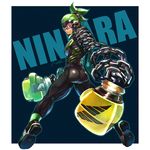  arms_(game) ass blue_background boxing_gloves chain character_name closed_mouth full_body goggles green_hair highres looking_at_viewer ninja ninjara_(arms) nkraae orange_eyes ponytail short_hair signature simple_background sparky_(arms) 