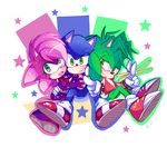  anthro blue_background blue_body bracelet clothed clothing drumsticks female footwear gloves green_background green_body green_eyes green_hair group hair hedgehog ipun jacket jewelry male mammal manic_the_hedgehog mostly_nude pink_background pink_body pink_hair shoes simple_background sonia_the_hedgehog sonic_(series) sonic_the_hedgehog sonic_underground star white_background yellow_background 