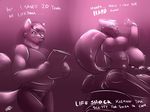  anthro big_breasts breasts canine clothed clothing duo english_text female flexing huge_breasts jeans mammal motorcycle muscular neph nipples pants purple_theme smile text vehicle 
