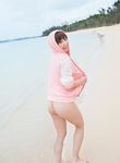 1girl asian ass beach brown_hair highres kimino_ayumi landscape legs no_panties outdoors photo pink_sweater sand short_hair sky solo sweater 