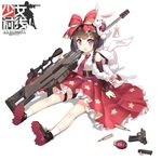  absurdres arm_warmers artist_name bag brown_hair bullet copyright_name dated explosive girls_frontline grenade gun hair_ornament hair_ribbon handgun highres looking_at_viewer m99_(girls_frontline) magazine_(weapon) mirrorks open_mouth pink_eyes pistol ribbon rifle scope sitting sniper_rifle solo weapon zijiang_m99 