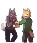  5_fingers blood blush butt canine clothed clothing duo fox fox_mccloud fully_clothed kemono male male/male mammal nintendo nosebleed shinki_k star_fox tailwag video_games wolf wolf_o&#039;donnell 