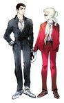  ascot bespectacled black_gloves black_hair blonde_hair fashion formal giorno_giovanna glasses gloves guido_mista hat hat_removed headwear_removed holding holding_hat jojo_no_kimyou_na_bouken male_focus multiple_boys pinstripe_pattern pinstripe_suit ponytail red_suit striped suit vento_aureo vertical_stripes zakki 