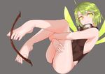  ahoge bare_legs barefoot between_toes bow_(weapon) fairy fairy_wings feet foot_hold full_body goggles goggles_around_neck green_eyes green_hair green_wings grey_background highres holding_legs leg_hug legs legs_up leotard lying on_back original oshin0_(zheng) plantar_flexion short_hair simple_background smile solo toes weapon wings 
