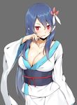  blue_hair blush breasts character_request cleavage collarbone commentary_request copyright_request eyebrows_visible_through_hair fingernails flower hair_flower hair_ornament hair_ribbon highres large_breasts long_fingernails long_hair looking_at_viewer mikazuchi_zeus red_eyes ribbon smile solo tongue tongue_out white_ribbon 