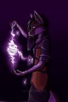  5_fingers antho brown_fur canine clothed clothing fur magic male mammal purple_background simple_background smile solo wolfirry 
