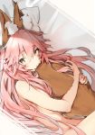  1girl absurdres animal_ear_fluff animal_ears bangs blush bow brown_eyes closed_mouth commentary_request dutch_angle eyebrows_visible_through_hair fate/extra fate_(series) fox_ears fox_girl fox_tail hair_between_eyes hair_bow highres long_hair looking_at_viewer lying nude on_back pink_hair silver_(chenwen) solo tail tail_hug tail_raised tamamo_(fate)_(all) tamamo_no_mae_(fate) very_long_hair white_bow work_in_progress 