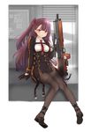  black black_footwear black_legwear breasts brown_hair bullpup chicami girls_frontline gloves gun highres indoors long_hair looking_at_viewer medium_breasts one_side_up pantyhose red_eyes rifle scope shoes sitting sniper_rifle solo wa2000_(girls_frontline) walther walther_wa_2000 weapon 