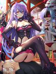  akudaijin angry axe beluga_dolphin blue_hair breasts bustier cleavage dominatrix earrings elbow_gloves glasses gloves highres iris_heart jewelry large_breasts leotard long_hair looking_at_viewer multiple_girls navel neptune_(series) playing_with_own_hair power_symbol purple_hair red_eyes sharp_teeth short_hair_with_long_locks sidelocks sitting sitting_on_person small_breasts smile sword symbol-shaped_pupils teeth thighhighs very_long_hair weapon white_hair white_heart 