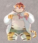  2018 anthro belly blush bulge clothing dumdum english_text felid humanoid_hands male mammal moobs navel necktie nipples pantherine shirt simple_background smoking solo text tiger underwear undressing 