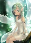  :o bangs bare_shoulders blunt_bangs blurry blurry_background breasts commentary_request dark_skin dress elbow_gloves eyelashes fairy fairy_wings gloves glowing glowing_wings green_eyes green_hair leaf light_particles long_hair looking_at_viewer original outdoors parted_lips pointy_ears ritsuki sitting sleeveless sleeveless_dress small_breasts solo thighhighs transparent_wings tree_stump very_long_hair white_dress white_gloves white_legwear wings 