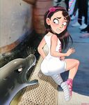  ambiguous_gender angry black_hair blush butt clothed clothing dress female feral hair headband human long_hair looking_back mammal marine pinniped sea_lion shadman surprise what 