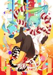  ankle_boots bandaid bandaid_on_knee blue_eyes blue_hair blurry blush boots bright_pupils brown_pants bug butterfly casual closed_mouth colored_eyelashes colorful commentary_request common_world_domination_(vocaloid) creature depth_of_field expressionless foreshortening full_body hair_between_eyes hatsune_miku highres insect layered_sleeves long_hair long_sleeves looking_at_viewer multicolored multicolored_background orange_footwear pants partial_commentary red_eyes rubber_boots sama scarf shirt short_sleeves striped striped_scarf tareme twintails very_long_hair vocaloid white_shirt 