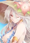  animal_ears bare_shoulders bikini breasts cleavage commentary ears_through_headwear flower granblue_fantasy hat hat_flower heles large_breasts long_hair one_eye_closed red_eyes silver_hair sky solo sun_hat swimsuit yue_(pixiv2547) 