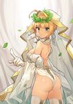  ahoge ass blonde_hair blush breasts commentary_request detached_sleeves fate/extra fate/extra_ccc fate/grand_order fate_(series) gloves green_eyes highres jehyun large_breasts leaf looking_at_viewer looking_back nero_claudius_(bride)_(fate) nero_claudius_(fate)_(all) pointing pointing_at_viewer smile solo sparkle thighhighs thighs veil white_gloves white_legwear white_sleeves zipper 