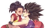  armlet black_hair blush caulifla dragon_ball dragon_ball_super earrings girl_on_top gyu_lobo heart heart_pillow hug jewelry kale_(dragon_ball) long_hair lying midriff multiple_girls navel on_back pillow ponytail single_hair_intake spiked_hair yuri 