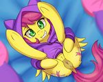  2017 anus butt clitoris clothed clothing cutie_mark dock equine fan_character fearingfun female green_eyes grin hair hi_res hoodie looking_at_viewer lying mammal my_little_pony on_back pegasus pillow pussy smile solo wings 