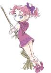  1girl back bare_arms bare_legs bare_shoulders bow broom character_request colored_eyelashes commentary_request curly_hair dutch_angle eye_color_request eyelashes forehead from_behind full_body holding holding_broom hood hood_down kneepits legend_of_mana long_legs looking_at_viewer looking_back pink_hair purple_bow s-a-murai seiken_densetsu simple_background sketch solo standing white_background widow&#039;s_peak widow's_peak 