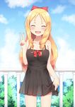  :d ^_^ ^o^ bare_arms bare_legs black_dress blonde_hair blue_sky blush bow closed_eyes collarbone commentary_request cowboy_shot day dress drill_hair eromanga_sensei facing_viewer hair_bow horizon long_hair ocean open_mouth outdoors piripun pointy_ears railing red_bow see-through_silhouette signature skirt_hold sky sleeveless sleeveless_dress smile solo standing sundress twin_drills v yamada_elf 
