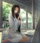  architecture barefoot black_hair breasts brown_eyes closed_mouth east_asian_architecture expressionless indoors japanese_clothes kikivi kneeling large_breasts long_hair original sliding_doors solo tree very_long_hair 