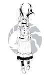 animal_ears antlers capelet coat commentary greyscale hand_in_pocket highres jaco long_skirt looking_at_viewer monochrome original shoes short_hair simple_background skirt smile solo winter_clothes winter_coat 