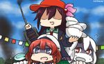  :d baseball_cap beret braid cannon commentary crescent crescent_moon_pin enemy_aircraft_(kantai_collection) escort_hime etorofu_(kantai_collection) hair_ornament hamu_koutarou hat highres horn kantai_collection kisaragi_(kantai_collection) long_hair multiple_girls open_mouth purple_eyes red_eyes remodel_(kantai_collection) sailor_collar shaded_face shinkaisei-kan smile smoke white_hair white_skin 