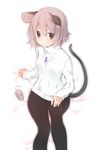  akagashi_hagane animal_ears black_legwear brown_eyes commentary crotch_seam hand_on_own_knee light_brown_hair long_sleeves mouse mouse_ears mouse_tail nazrin on_bed pantyhose short_hair sitting sleeves_past_wrists smile solo sweater tail touhou white_sweater 