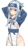  ainu_clothes alternate_breast_size alternate_costume alternate_hairstyle blue_eyes breasts chain cosplay folded_ponytail groin headband hibiki_(kantai_collection) highres ikashun kamoi_(kantai_collection) kamoi_(kantai_collection)_(cosplay) kantai_collection long_hair long_sleeves looking_at_viewer sideboob small_breasts solo tying_hair verniy_(kantai_collection) 