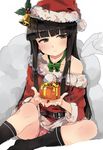  bangs bell black_hair black_legwear blunt_bangs blush bow bowtie brown_eyes commentary_request fur_trim gift hat hatsuyuki_(kantai_collection) highres hime_cut kantai_collection kneehighs long_hair looking_to_the_side panties panty_peek ribbon sack santa_hat sitting solo underwear wataro_(watawatawatapon) white_background 