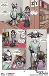  2017 anthro balls blush bottomless clothed clothing comic digital_media_(artwork) english_text erection eyewear female glasses hair humanoid_penis kneeling library male male/female mammal mancoin mouse navel nerd penis pigtails public raccoon rave_raccoon rodent school shirt skirt teenager text underwear undressing young 