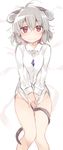  akagashi_hagane animal_ears between_legs blush bottomless collared_shirt covering covering_crotch embarrassed from_above grey_hair groin highres jewelry looking_at_viewer lying mouse_ears mouse_tail nazrin necklace on_back red_eyes shirt short_hair sketch solo sweatdrop tail tail_between_legs touhou wavy_mouth 
