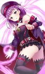  ass bare_shoulders beret black_legwear blush bow bowtie detached_sleeves fate/grand_order fate_(series) hat helena_blavatsky_(fate/grand_order) looking_at_viewer open_mouth panties purple_eyes purple_hair revision shimo_(shimo_00) short_hair solo strapless thighhighs underwear white_bow 