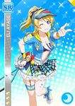  ayase_eli blonde_hair blue_eyes blush character_name long_hair love_live!_school_idol_festival love_live!_school_idol_project polo skirt smile sports tennis visor wink 