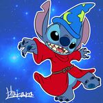  2015 4_fingers 4_toes alien black_eyes blue_claws blue_fur blue_nose claws clothing digital_media_(artwork) disney experiment_(species) fantasia fur harara hat hi_res lilo_and_stitch notched_ear open_mouth open_smile outline reaching robe signature smile solo space stitch toes 