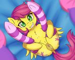  2017 anus butt clitoris clothed clothing cutie_mark dock equine fan_character fearingfun female green_eyes grin hair hi_res legwear looking_at_viewer lying mammal my_little_pony on_back pegasus pillow pussy smile solo striped_legwear stripes wings 