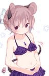  akagashi_hagane alternate_hairstyle animal_ears bare_shoulders bikini bikini_top blush braid collarbone gem grey_hair looking_at_viewer mouse_ears mouse_tail navel nazrin pendulum purple_bikini red_eyes sarong solo star swimsuit tail tail_wagging touhou white_background 