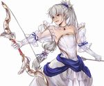  arrow asanokoc bow_(weapon) crossdressing dress fire_emblem fire_emblem_heroes fire_emblem_if holding holding_weapon male_focus ponytail simple_background smile takumi_(fire_emblem_if) weapon wedding_dress white_background 