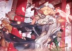  blonde_hair blue_kimono bow bug butterfly cherry_blossoms choker cowboy_shot dress eyebrows_visible_through_hair fan floral_print frills from_below from_side hair_bow hair_ornament hairband hand_on_sword hat insect japanese_clothes katana kimono konpaku_youmu konpaku_youmu_(ghost) lamppost long_hair looking_at_viewer low-tied_long_hair mob_cap multiple_girls obi open_mouth petals pink_hair puffy_short_sleeves puffy_sleeves purple_dress red_bow rom_(romshiro) saigyouji_yuyuko sash sheath sheathed short_hair short_sleeves sword torii touhou tree triangular_headpiece weapon white_hair wide_sleeves yakumo_yukari 