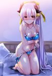  bed bikini blue_bikini blush bow breasts cleavage fate/grand_order fate_(series) hair_bow hair_ornament horns kiyohime_(fate/grand_order) kiyohime_(swimsuit_lancer)_(fate) kneeling long_hair looking_at_viewer medium_breasts navel ponytail red_eyes sen_(astronomy) silver_hair smile solo suggestive_fluid swimsuit undressing very_long_hair 