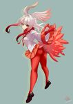  ass blush breasts coat expressionless full_body fur_collar gradient_hair half-closed_eyes head_wings highres japanese_crested_ibis_(kemono_friends) jitome kemono_friends legs long_sleeves looking_at_viewer medium_breasts multicolored_hair pantyhose pisuke pleated_skirt red_hair red_legwear short_hair_with_long_locks skirt solo two-tone_hair white_hair wide_sleeves yellow_eyes 