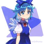  artist_name blue_bow blue_dress blue_eyes blue_hair bow cirno commentary_request dress ice ice_wings looking_away mogamiya_honu neck_ribbon ribbon short_hair solo touhou upper_body white_background wings 