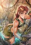  1girl areolae breasts brown_eyes brown_hair dirty gloves gradient gradient_background gun lara_croft large_breasts lips looking_at_viewer ponytail reiq short_shorts shorts solo spikes tomb_raider tree water weapon wet 