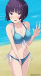  aqua_bikini artist_name bangs banned_artist bare_shoulders beach bikini blunt_bangs blush bob_cut breasts cleavage collarbone day eromanga_sensei looking_at_viewer navel ocean open_mouth purple_eyes purple_hair senju_muramasa short_hair solo swimsuit tasora 