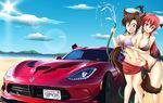  animal_ears bat_wings bikini black_bikini blush breast_grab breasts brooch brown_hair car covered_nipples day demon_girl demon_wings dodge dodge_viper embarrassed grabbing groin ground_vehicle head_wings highres imaizumi_kagerou jewelry koakuma large_breasts masegohan motor_vehicle multiple_girls nature ocean open_mouth outdoors ponytail red_eyes red_hair swimsuit tail tongue tongue_out touhou wings wolf_ears wolf_tail 